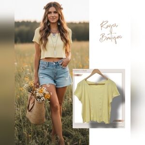 🌿Christopher & Banks Women's Medium Light Yellow Ribbed Pima Cotton Crop Top